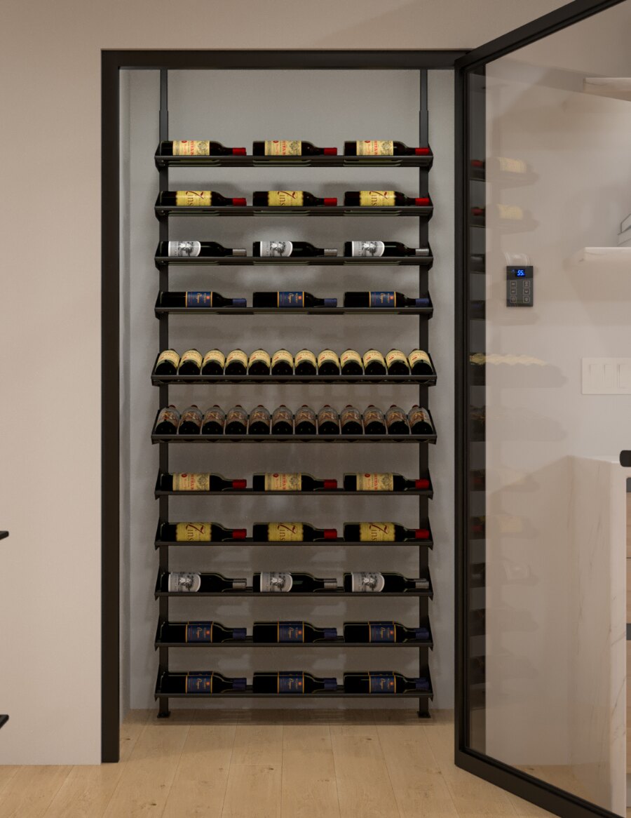 Glass-front wine storage display with black rails holding rows of wine bottles