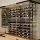Glass wine storage display with black horizontal rails and rows of wine bottles