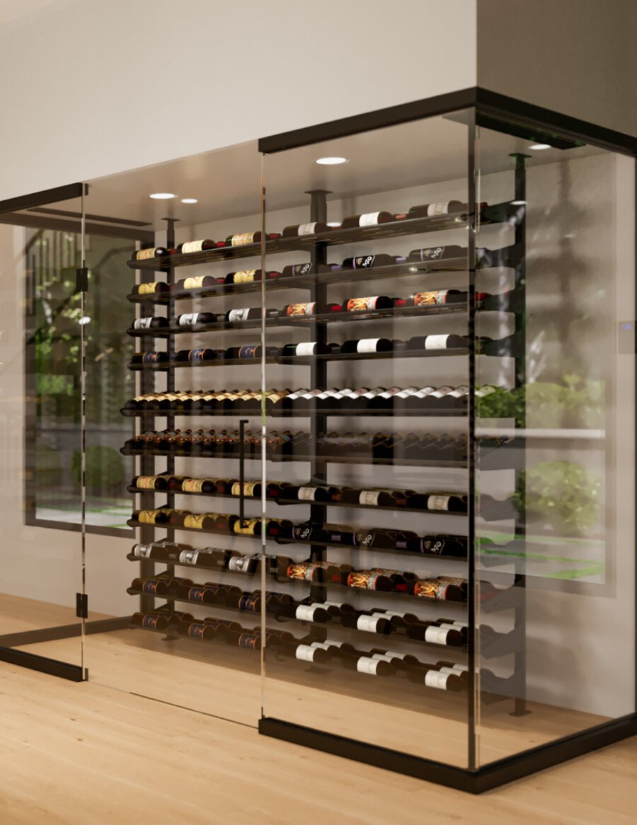 Glass wine storage display with black horizontal rails and rows of wine bottles