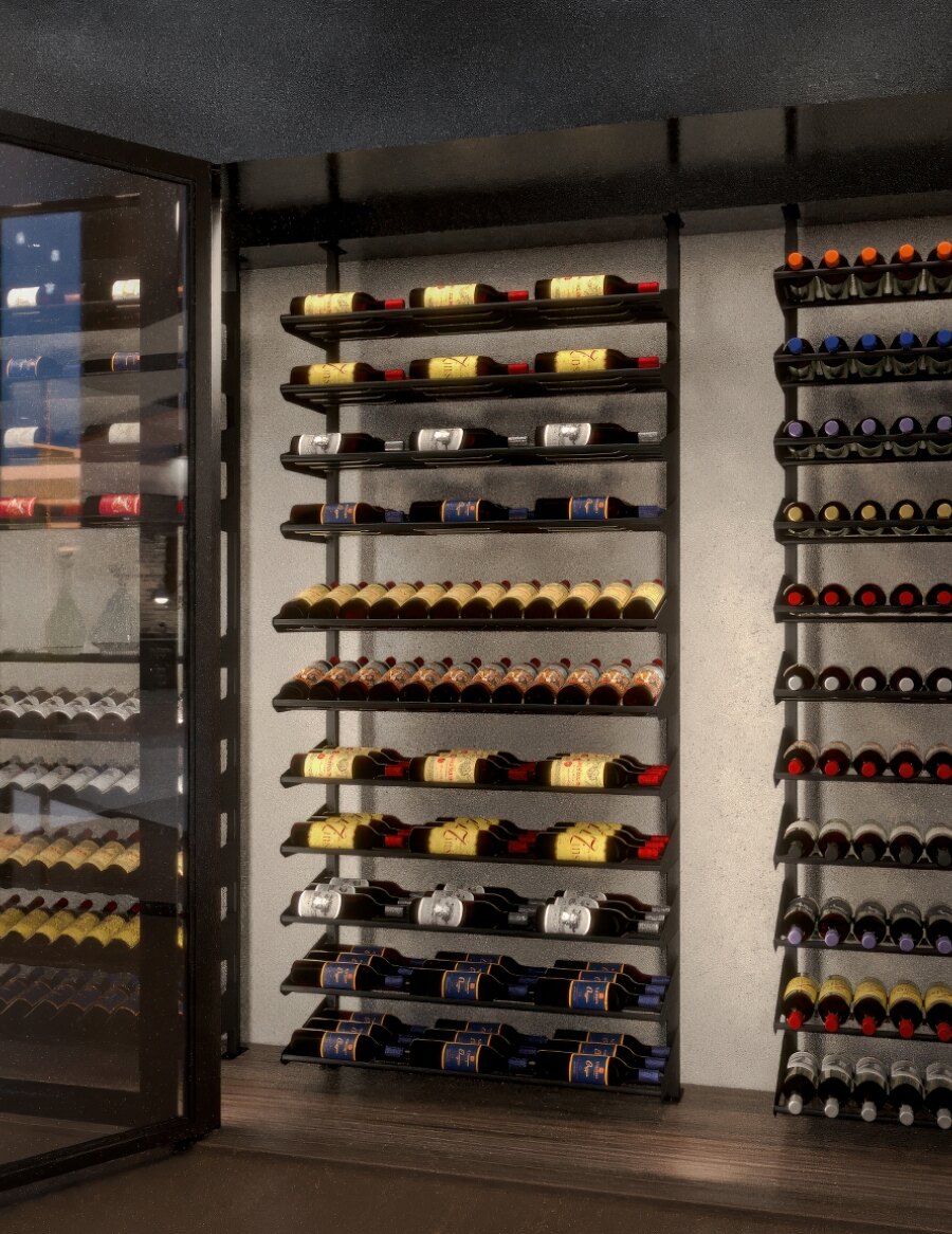Wall-mounted wine bottle display rack with multiple horizontal shelves and bottle rows