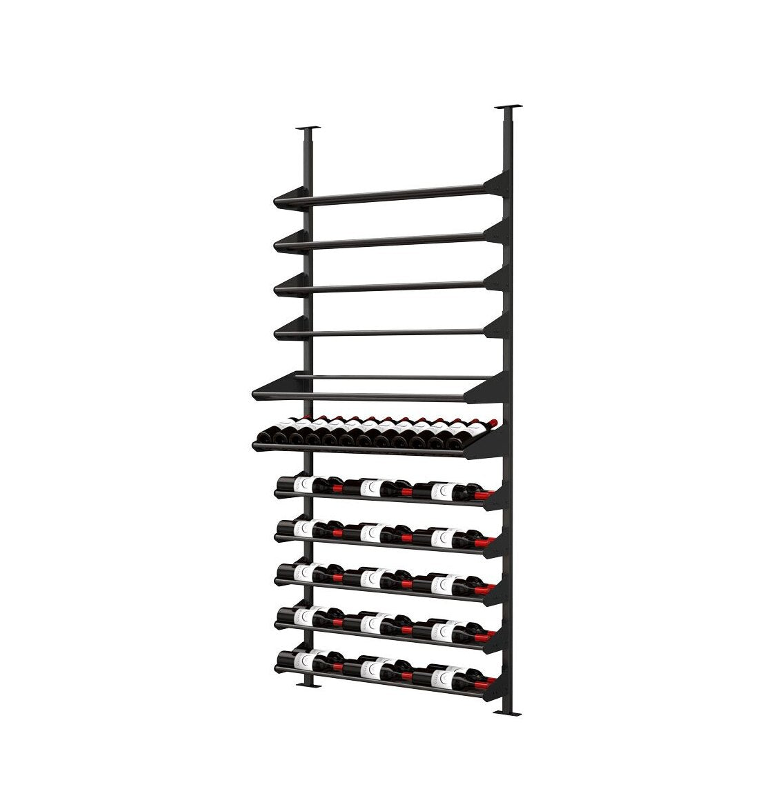 Wine bottle display kit with black rails holding rows of wine bottles on cradles
