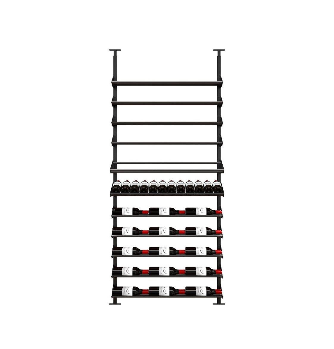Wine bottle display kit with black rails holding wine bottles and scalloped cradles