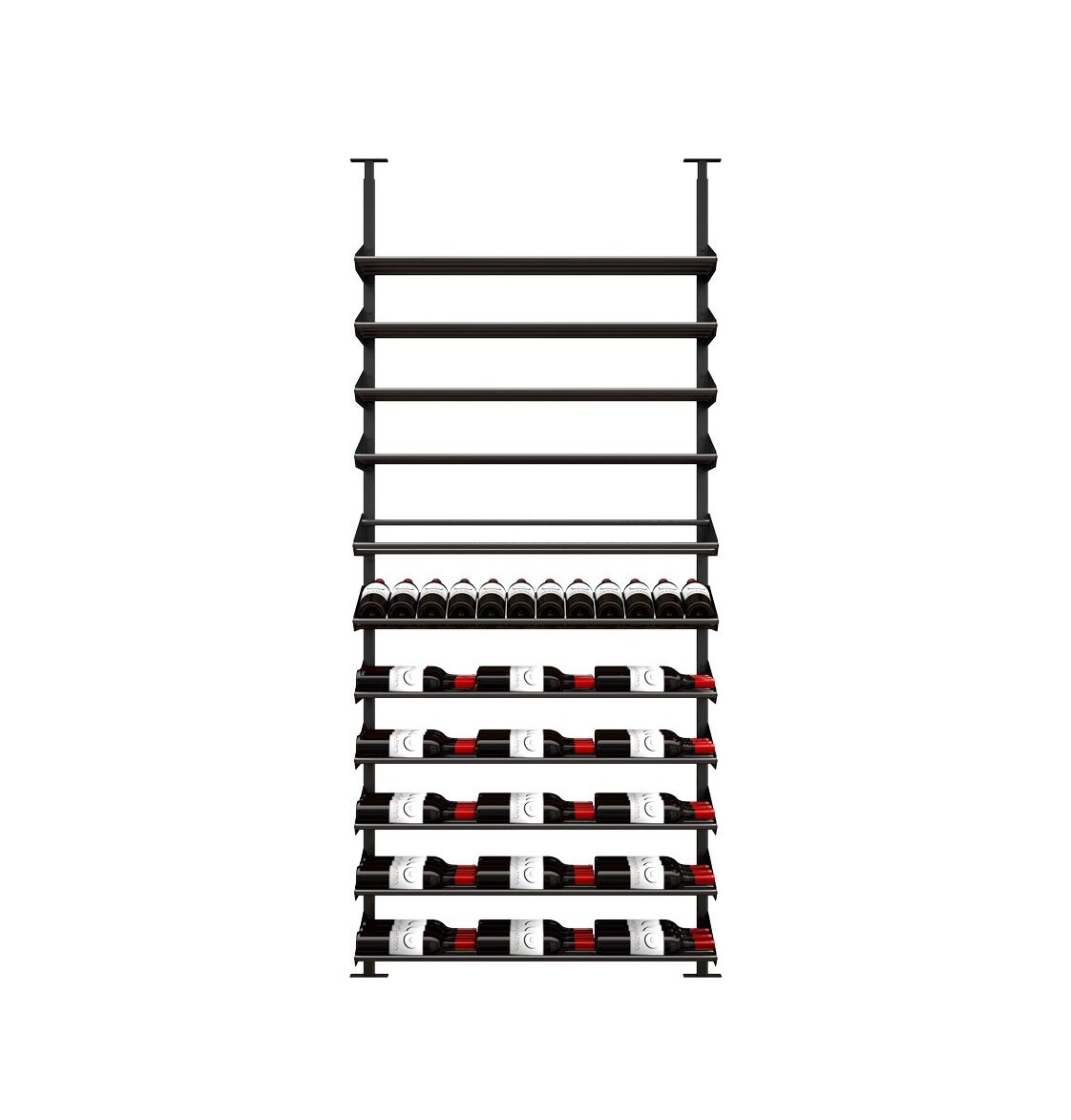 Wine bottle display kit front view with black rails holding wine bottles