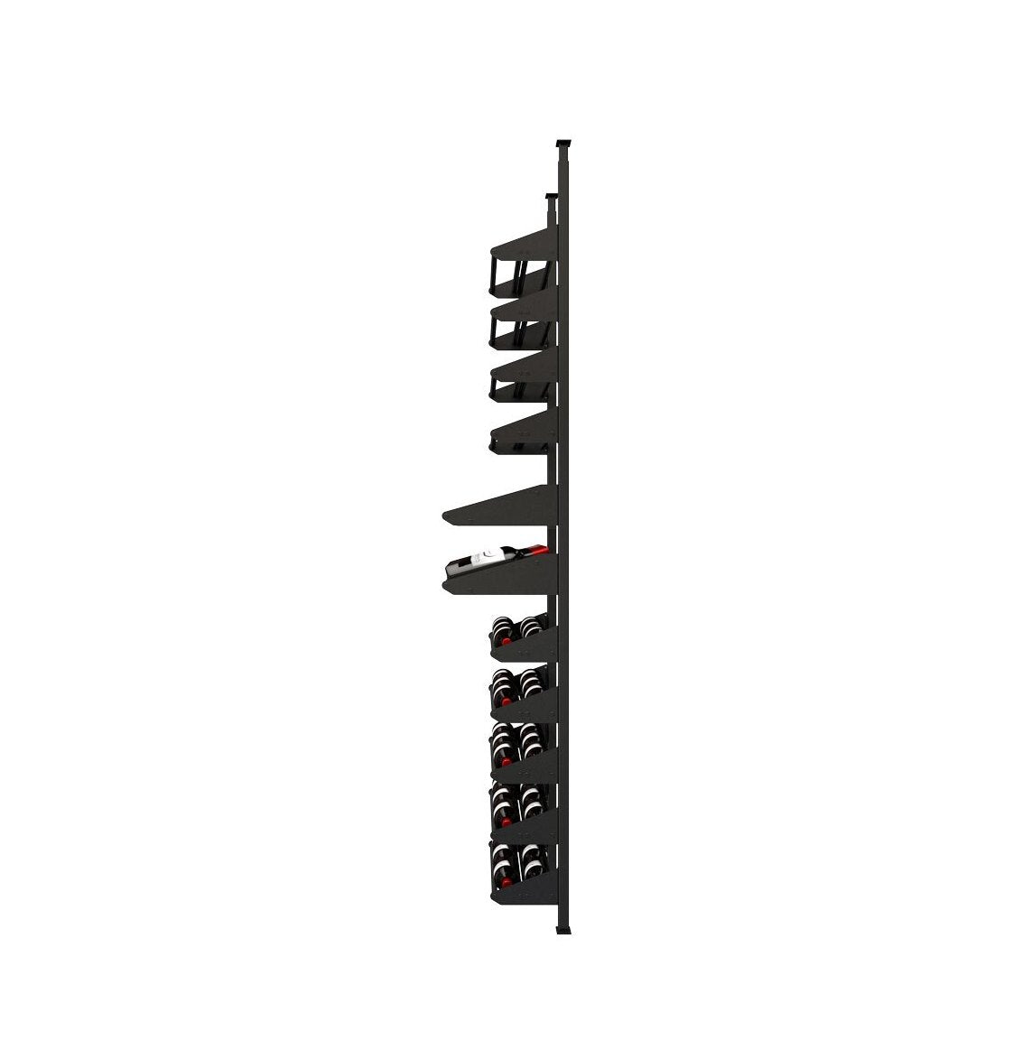 Wine bottle display kit side view with black rails holding wine bottles in rows