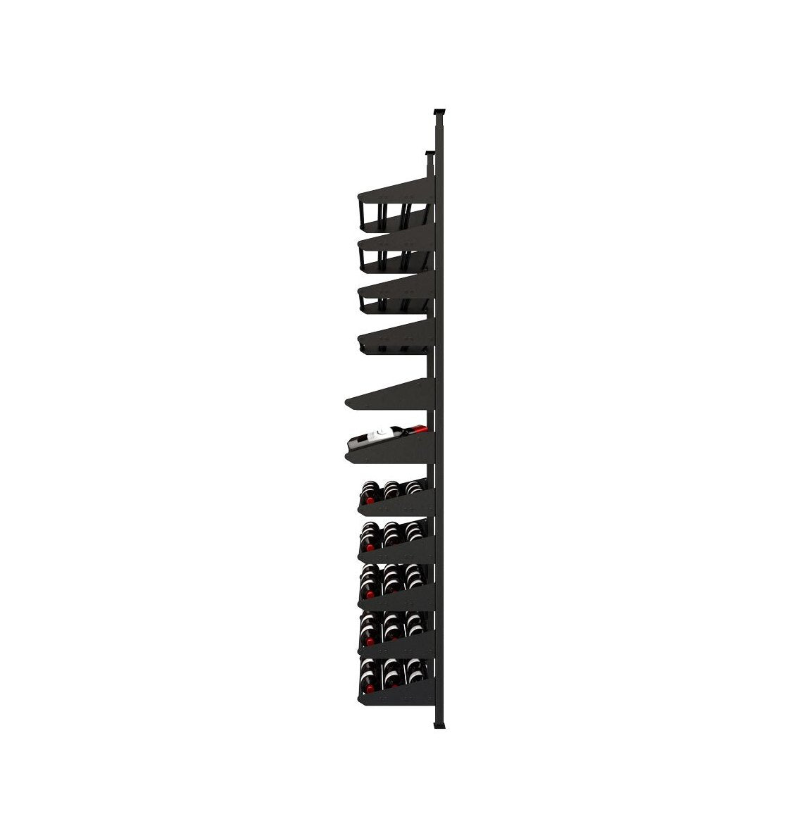 Wine bottle display kit with black side-mounted rails holding wine bottles in rows