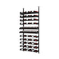 Wine bottle display kit with black horizontal rails for rows of wine bottles