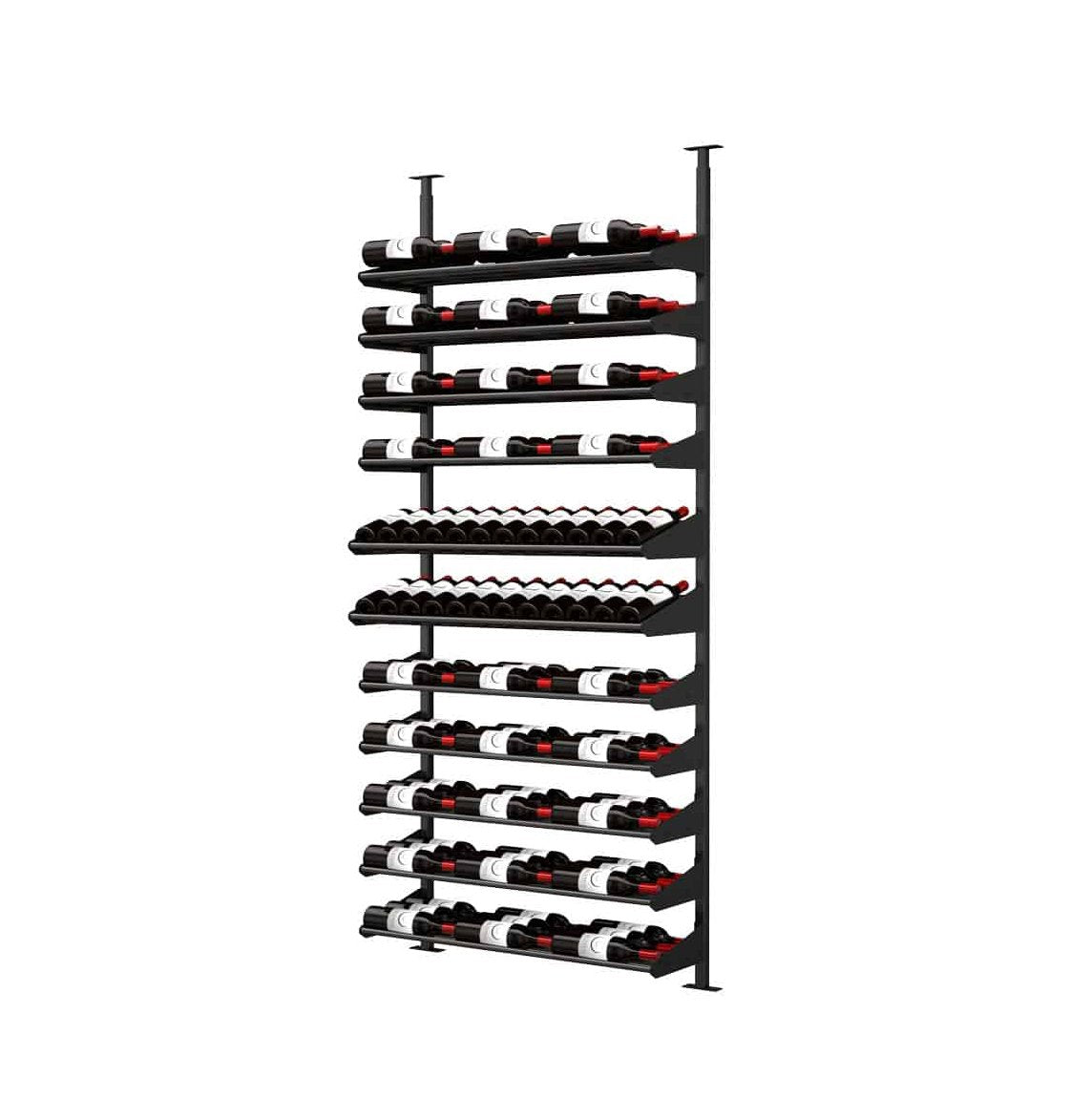 Wine bottle display kit with black horizontal rails for rows of wine bottles