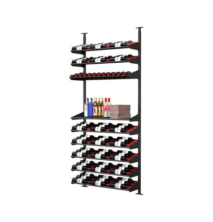 Wine display rack with multiple bottle rows, dark metal frame, table surface