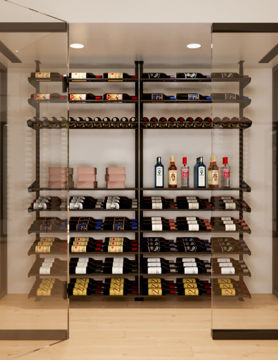 Wine tasting station kit with multi-tier wall shelves for bottles and glasses