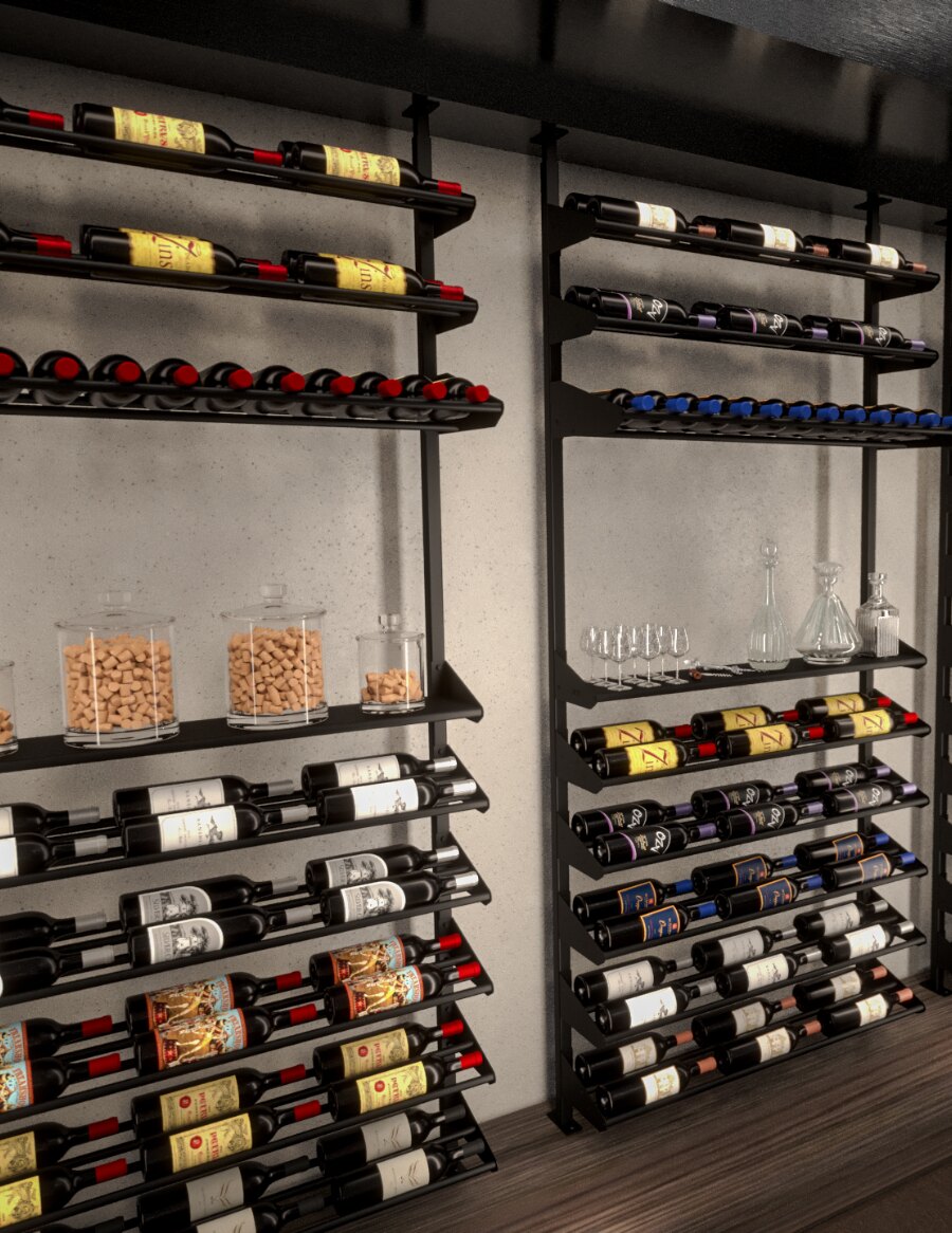 Wall wine display shelves with stacked bottles, glassware, and corked storage cups