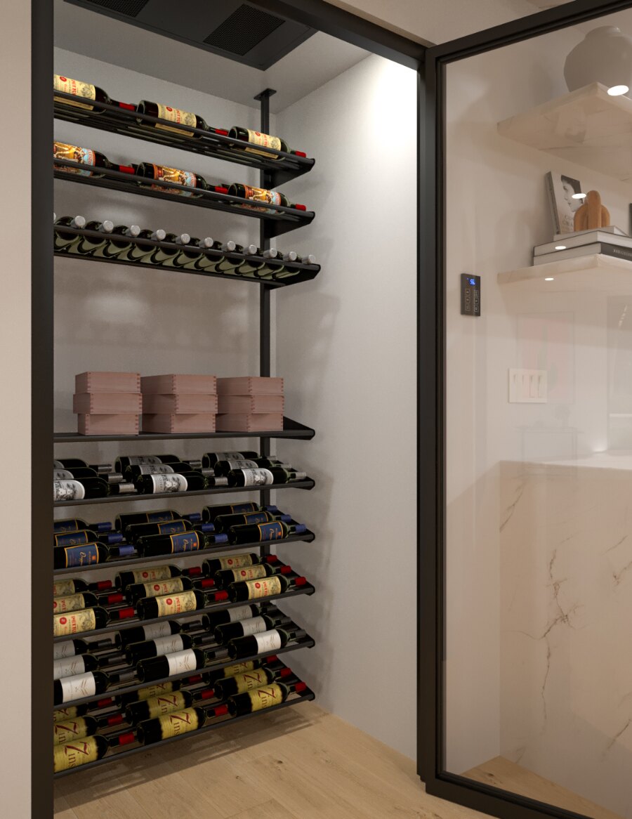 Wine storage wall rack with dark shelves holding bottles and paper boxes