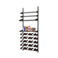 Wine bottle display rack with stacked rows for bottles, dark metal frame