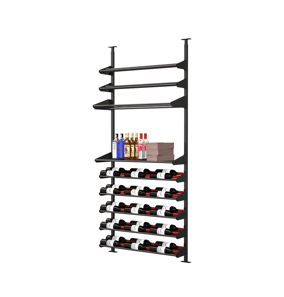 Wine bottle display rack with stacked rows for bottles, dark metal frame