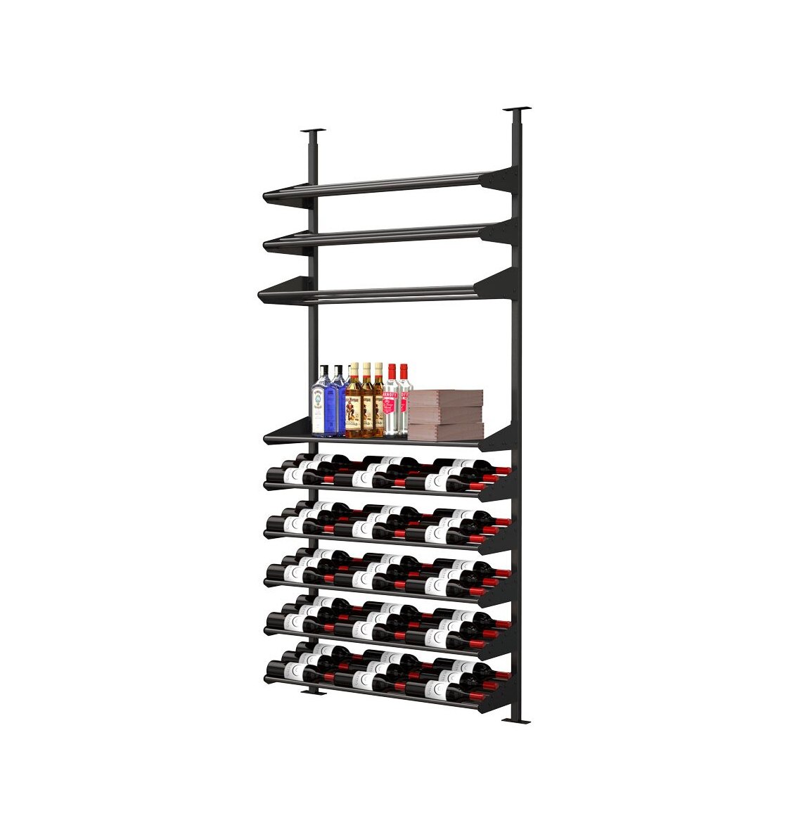 Wine bottle rack with horizontal shelves and top bar, dark metal frame