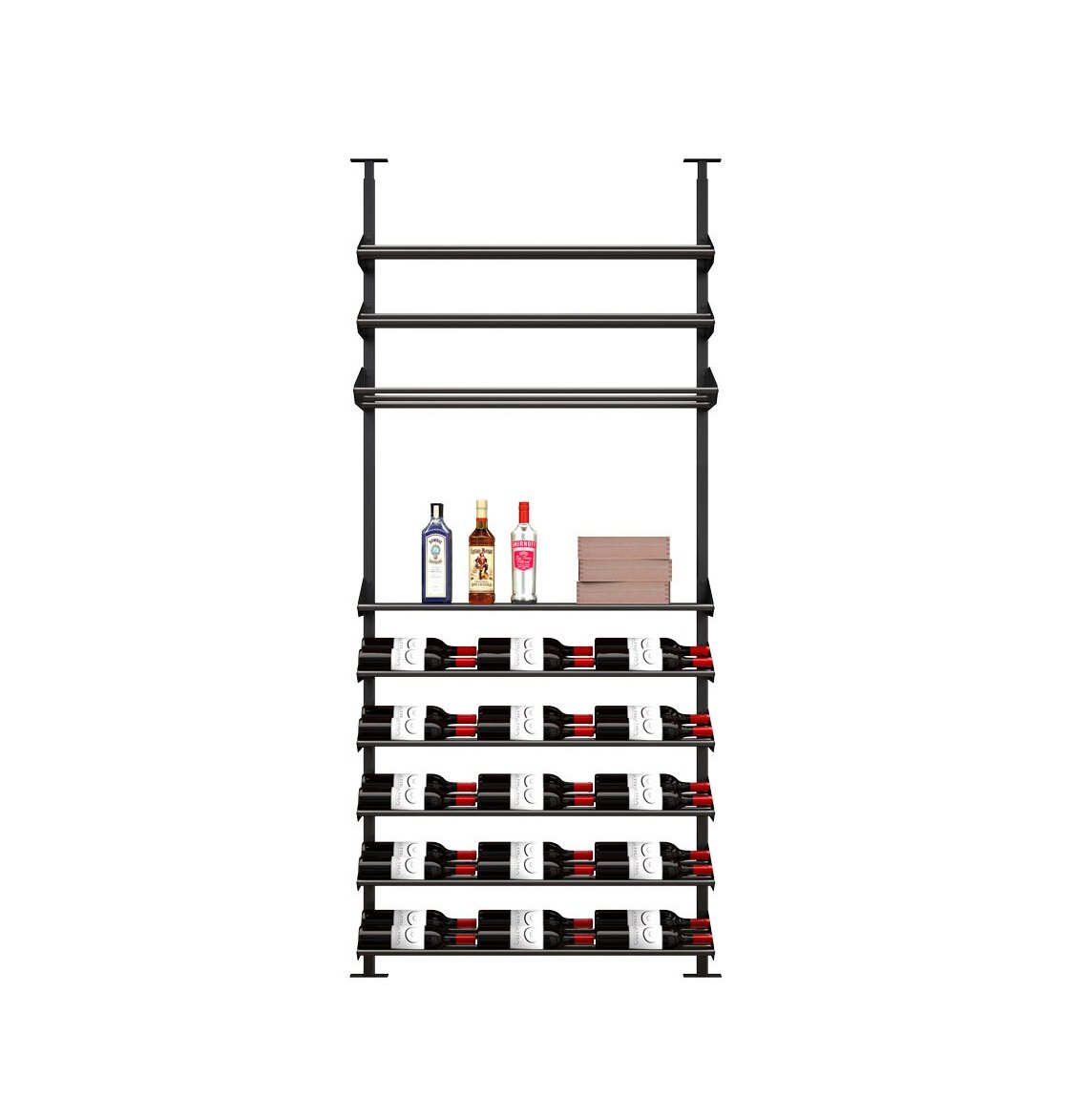 Wine bottle display rack with horizontal bottle cradles and side supports
