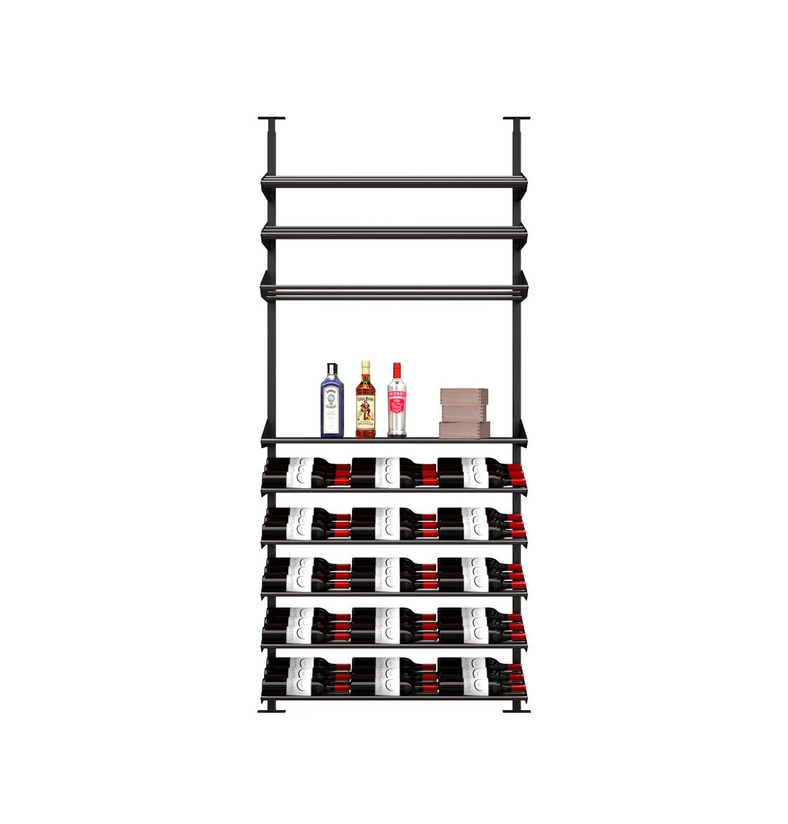 Wine bottle rack with tiered cradles, open side frame, dark metal finish