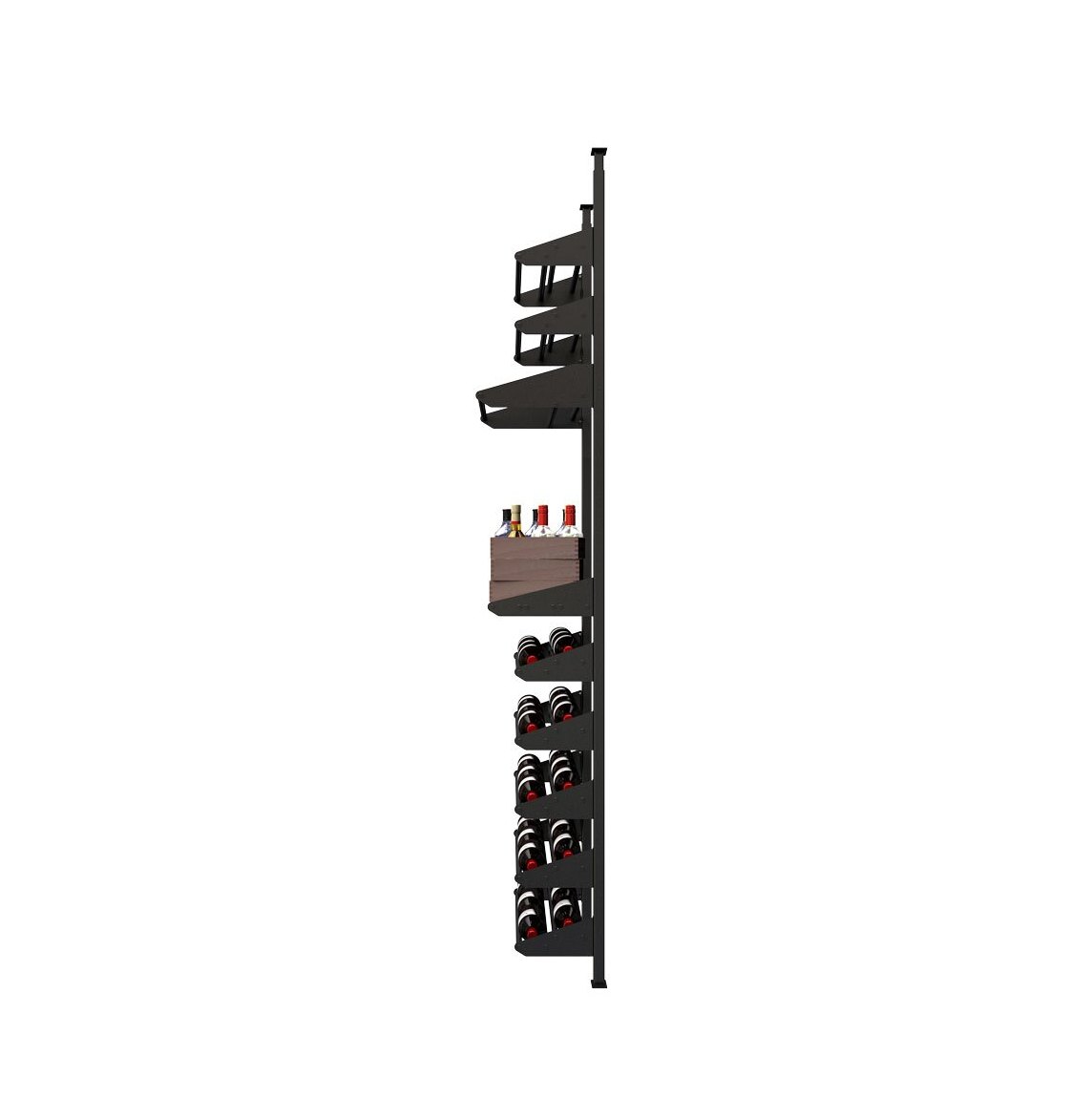 Wine bottle display rack with tiered horizontal slots and dark metal frame