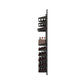 Wine bottle display rack with tiered rows for bottles, dark metal frame