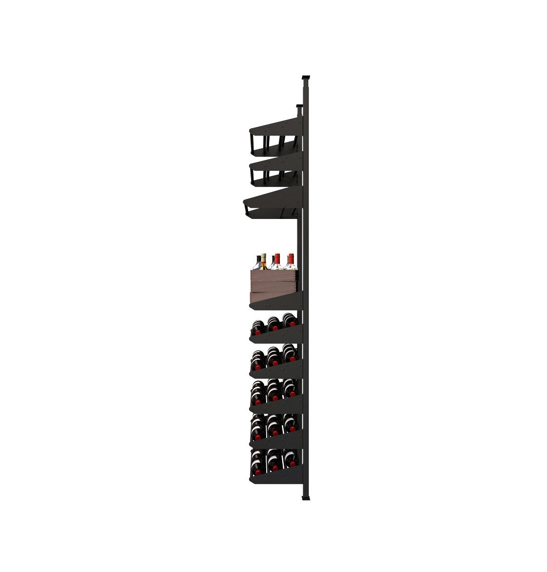 Wine bottle display rack with tiered rows for bottles, dark metal frame
