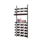 Wine display rack with bottle rows and inset shelf for bottles, dark metal frame