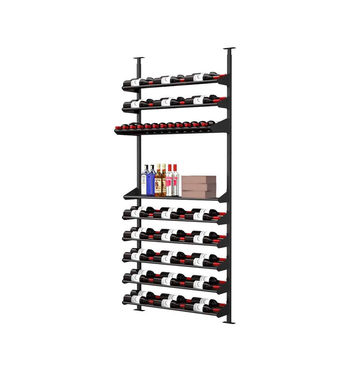 Wine display rack with bottle rows and inset shelf for bottles, dark metal frame