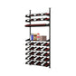 Wine display rack with multiple bottle rows and top shelf, dark metal frame
