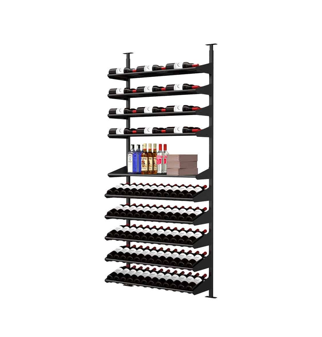 Black liquor display unit with wine bottle rows, bottle ledges, and top rails