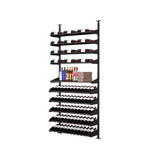 Black liquor display unit with wine bottle rows, bottle ledges, and top rails