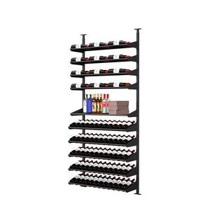 Black liquor display unit with wine bottle rows, bottle ledges, and top rails