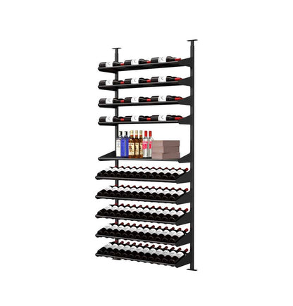Black liquor display unit with wine bottle rows, bottle ledges, and top rails