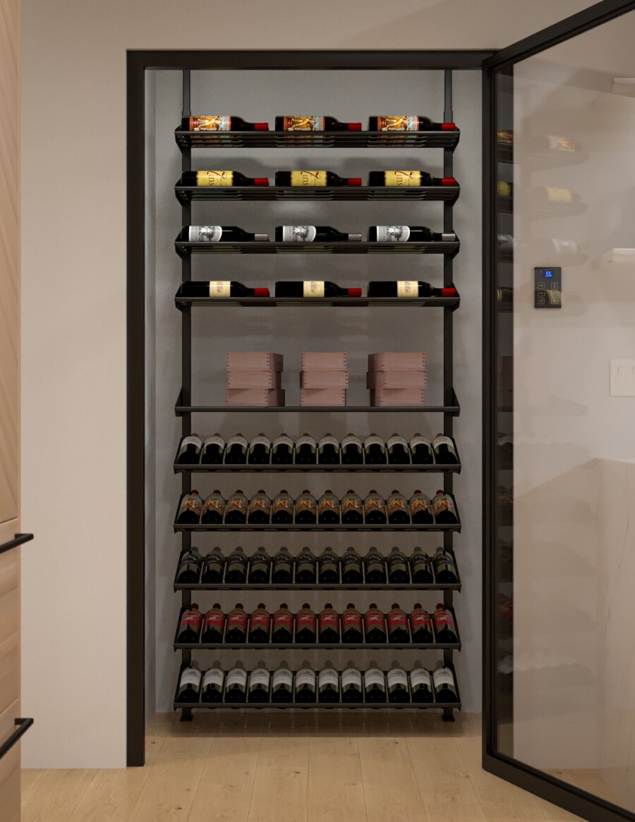 Indoor liquor display shelf with wine bottle racks and spirit bottles on center ledges