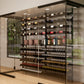 Glass liquor display cabinet with wine bottle racks, spirit bottles, and upper shelves