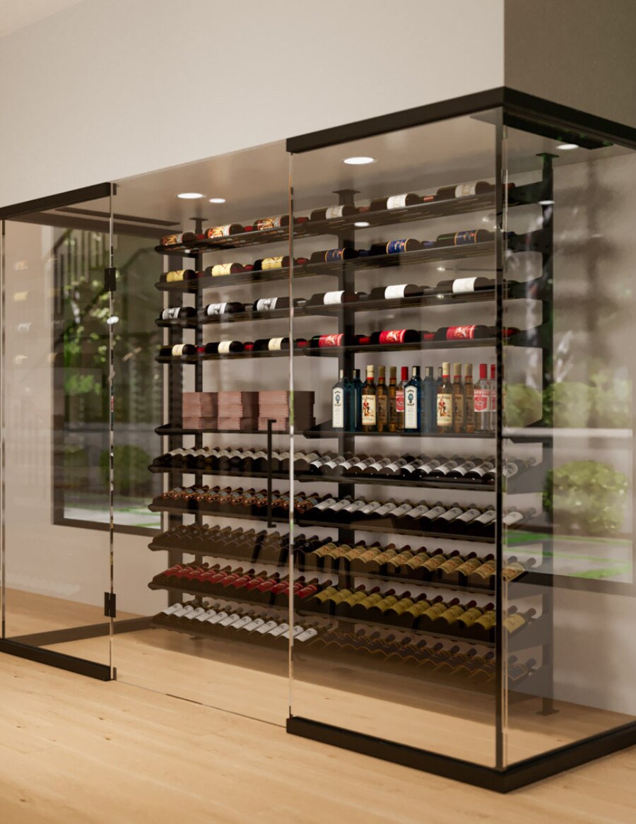 Glass liquor display cabinet with wine bottle racks, spirit bottles, and upper shelves