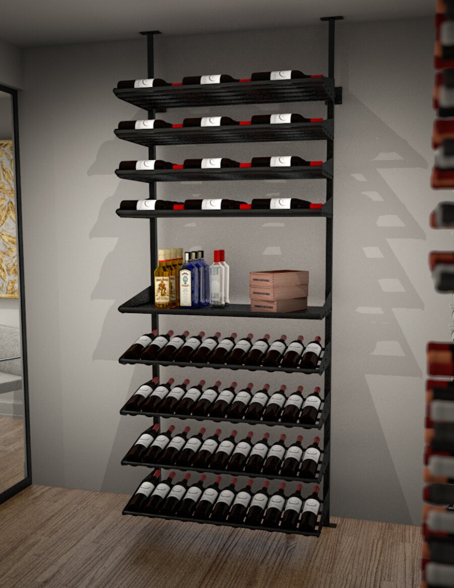 Wall liquor shelf display kit with stacked angled bottle racks and side bottle ledge