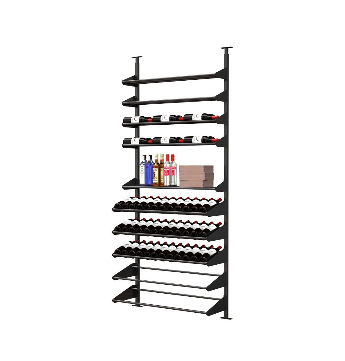 Black liquor shelf kit with wine rows, bottle ledges, and lower metal rails