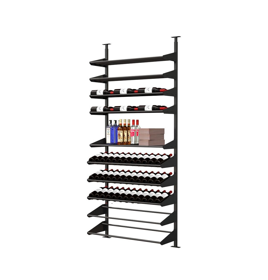 Black liquor shelf kit with wine bottle racks, spirit ledges, and bottom metal supports