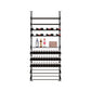 Black liquor display shelf with horizontal rails, bottle ledges, and stacked wine bottle racks