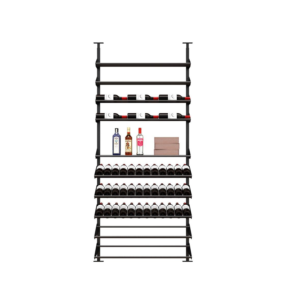 Black liquor display shelf with horizontal rails, bottle ledges, and stacked wine bottle racks