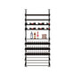 Black liquor display shelf with wine bottle racks, spirit bottles on a center ledge