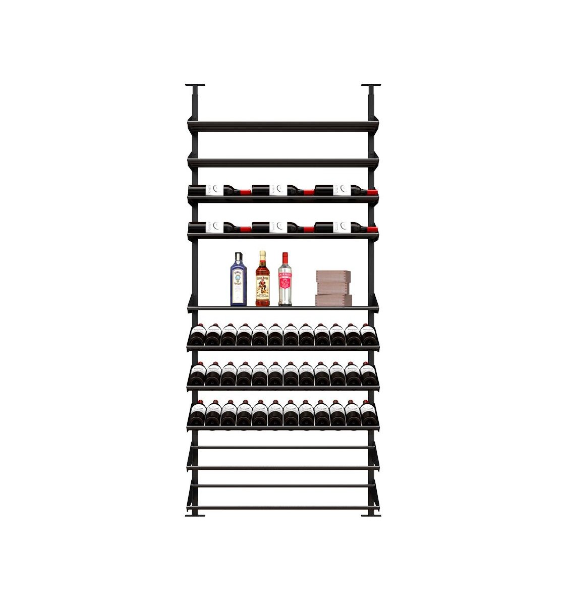 Black liquor display shelf with wine bottle racks, spirit bottles on a center ledge