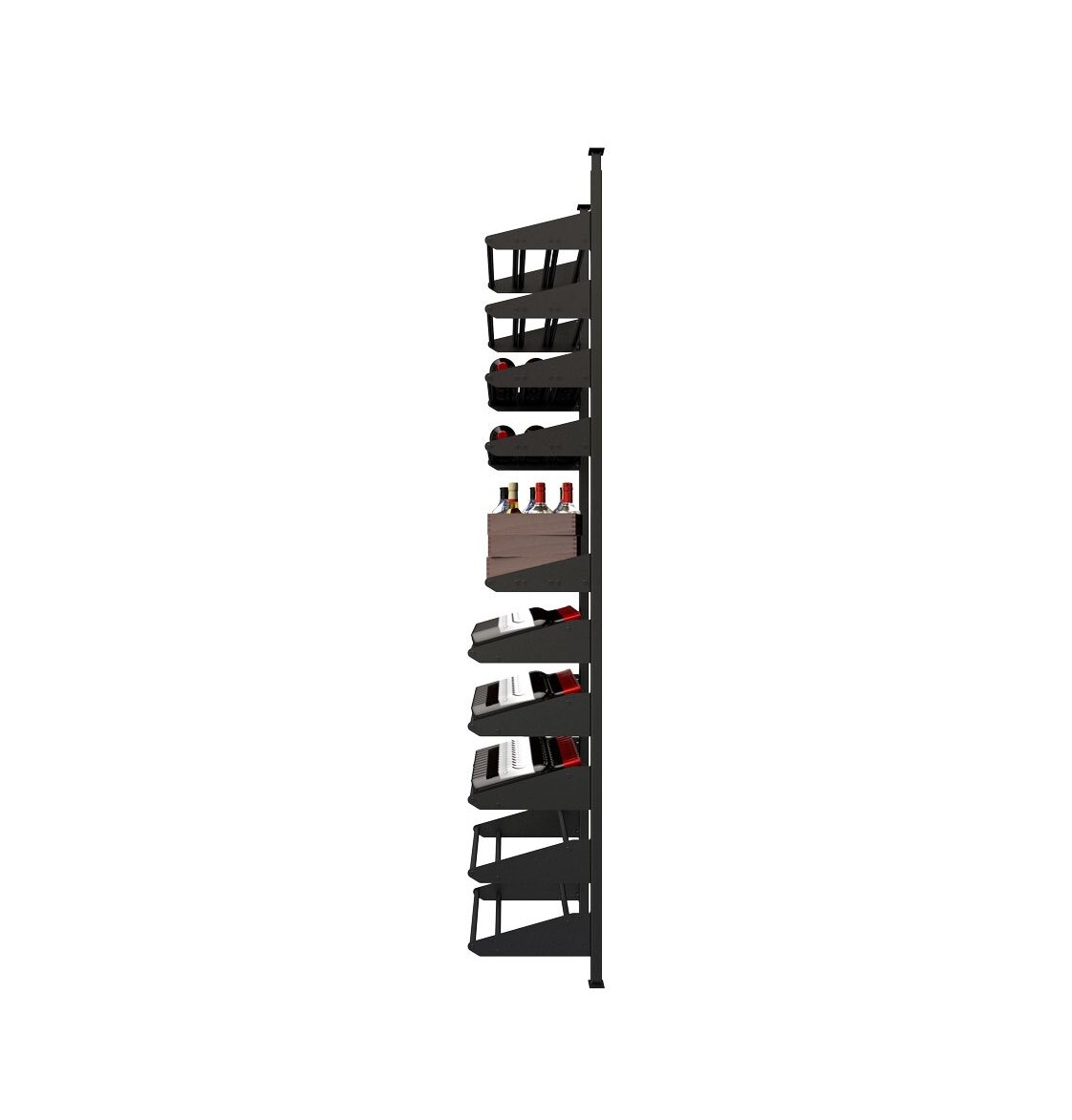 Black liquor shelf kit with stacked bottle holders and front display shelf