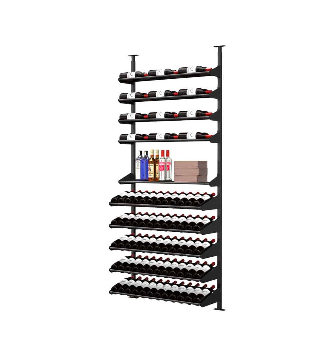 Black liquor display unit with wine bottle rows, spirit bottle ledges, and top rails