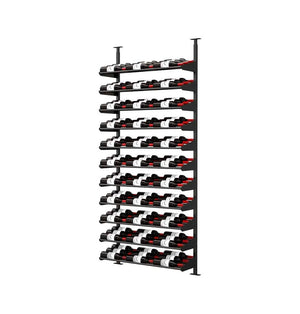 Freestanding black wine rack with long horizontal tiers and bottles arranged in rows