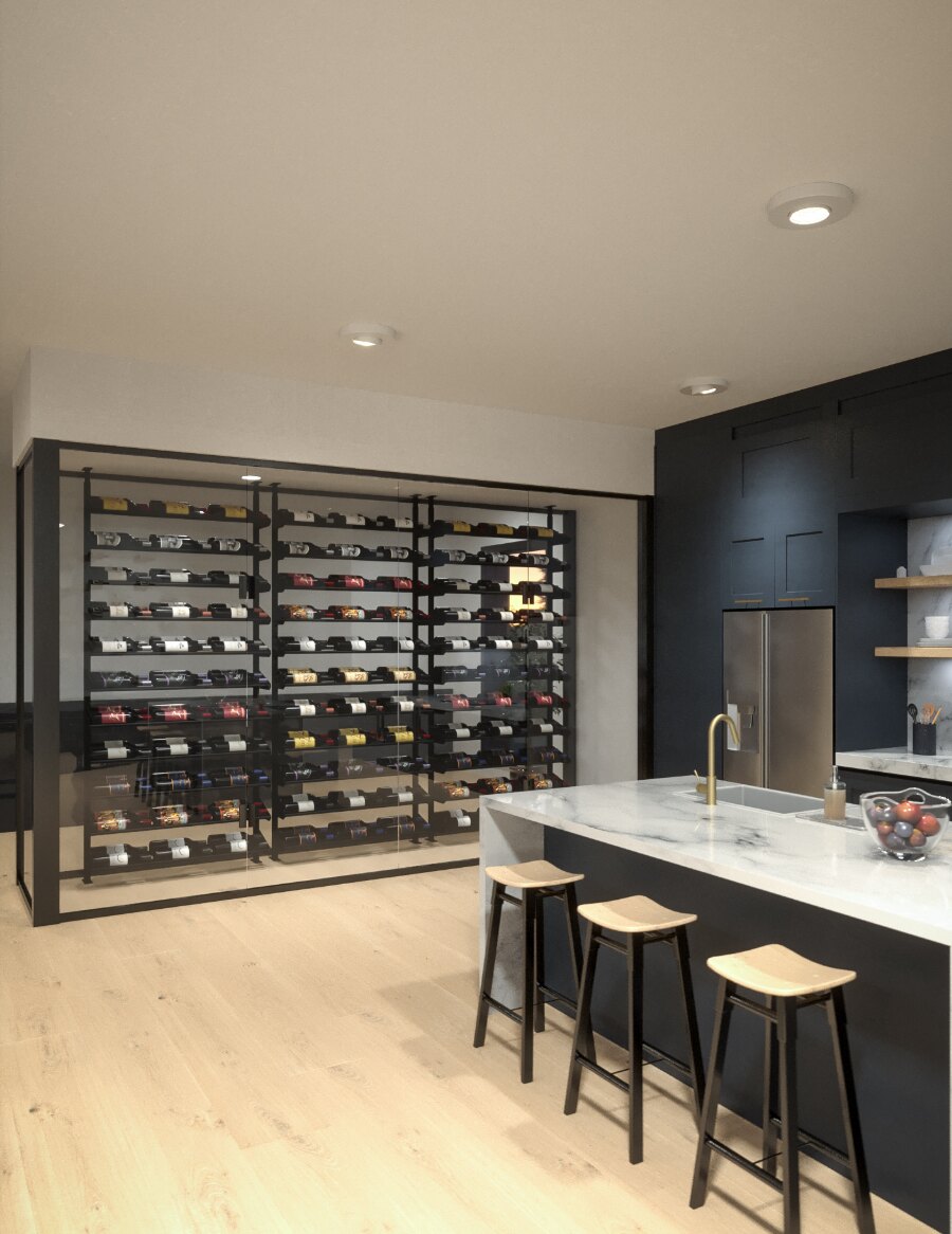 Wine bottle display wall kit with metal grid shelves and bar counter