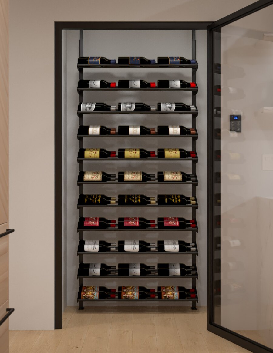 Built-in wine cabinet with black slat rack and bottles arranged on multiple levels