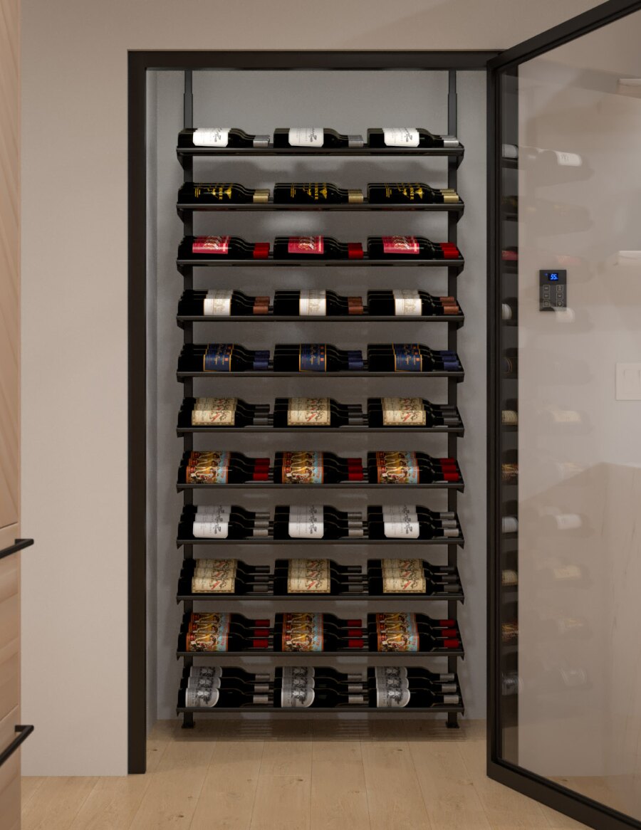 Wine storage cabinet interior with black bottle rack and assorted bottles on tiers
