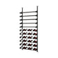 Black wine bottle display rack with multiple horizontal tiers and bottle slots