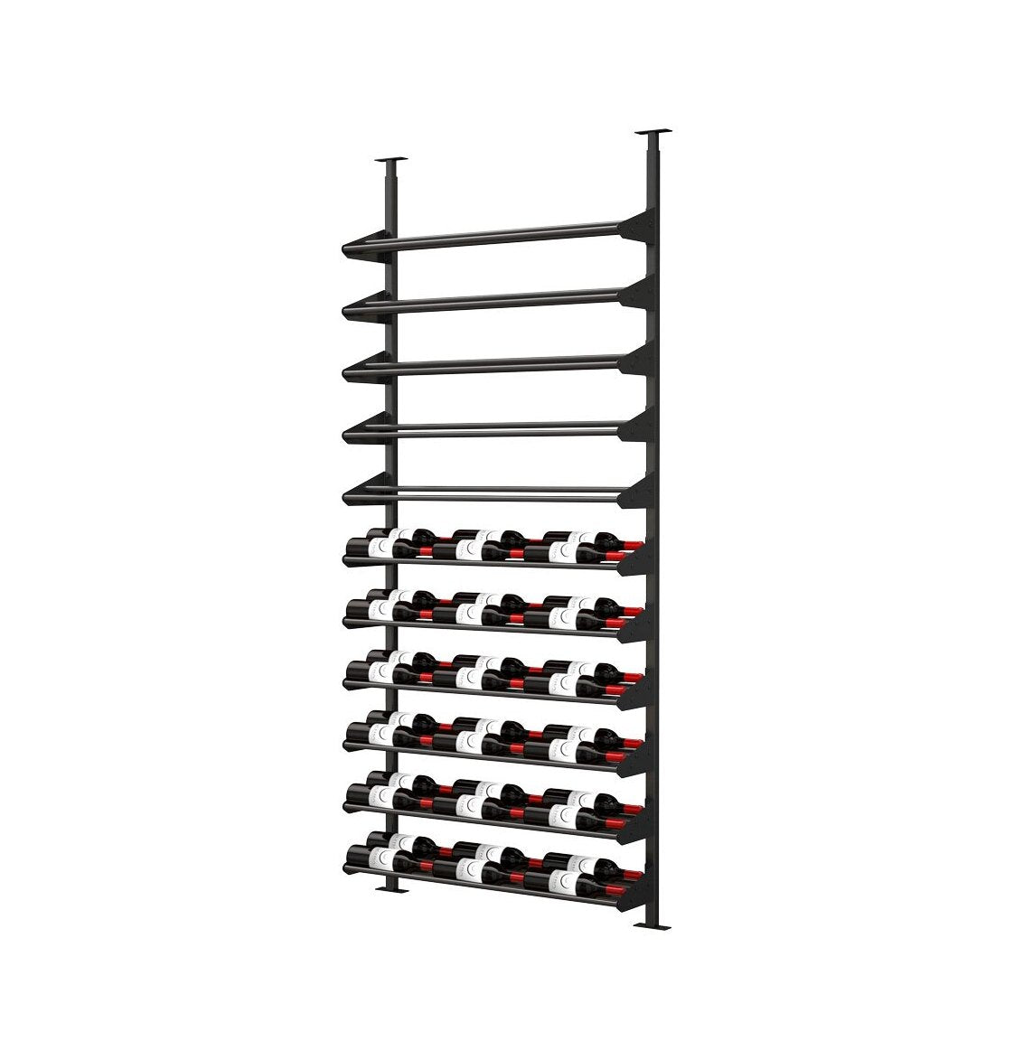 Black wine bottle display rack with multiple horizontal tiers and bottle slots