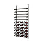 Black wine rack with horizontal shelves holding bottles for a cascading display