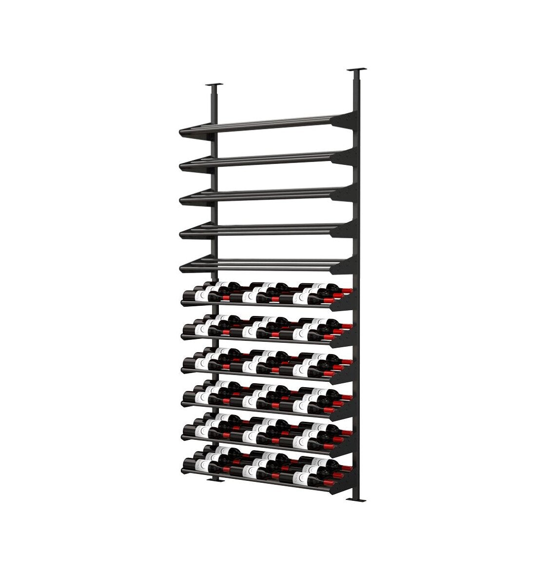 Black wine rack with horizontal shelves holding bottles for a cascading display